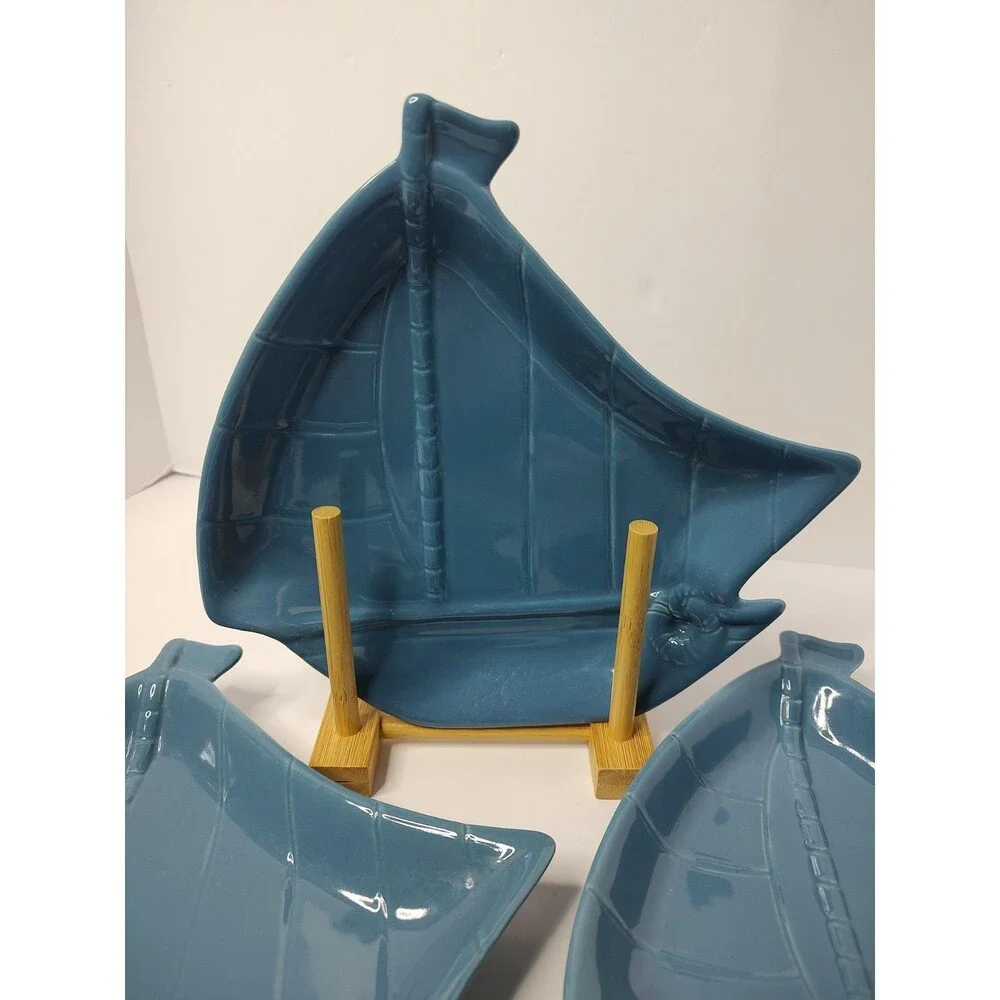 Baum Bros Style Eyes Blue Sailboat Ceramic Accent Salad Plates 8.5